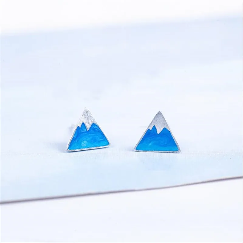 Creative New Fashion 925 Sterling Silver Jewelry Blue Triangle Geometry Snow Mountain Fresh Cute Female Stud Earrings
