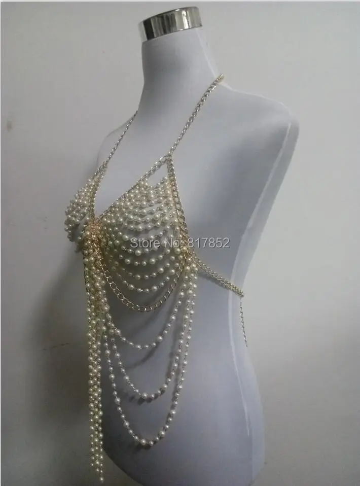 New Style Fashion Women Gold Colour Chains Imitation Pearls Beads Bra Body Chains Jewelry 2 Colors WRB21