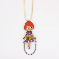 Bonsny Acrylic Cute Jump Rope Girls Pendant Long Chain Charms Dance Necklace Brand Fashion Jewelry For Women Gifts Accessories