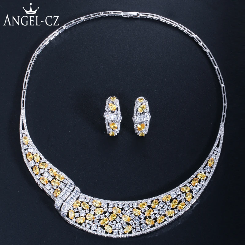 

ANGELCZ Exaggerated Party Costume Accessory Shiny Yellow Stones White Cubic Zircon Women Big Necklace Earrings Jewelry Set AJ157