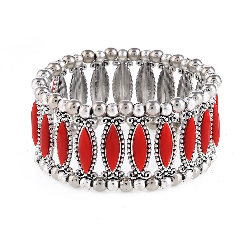 Fashion Vintage Boho 17cm Circle Elastic Bracelets Bangles For Women Black White Red Acrylic Beads Adjustable Femme Bracelets