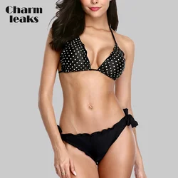 Charmleaks Women Low Waist Bikini Set Vintage Polka Dot  Print Swimwear Bandage Swimsuit Laciness Bathing Suit Beachwear