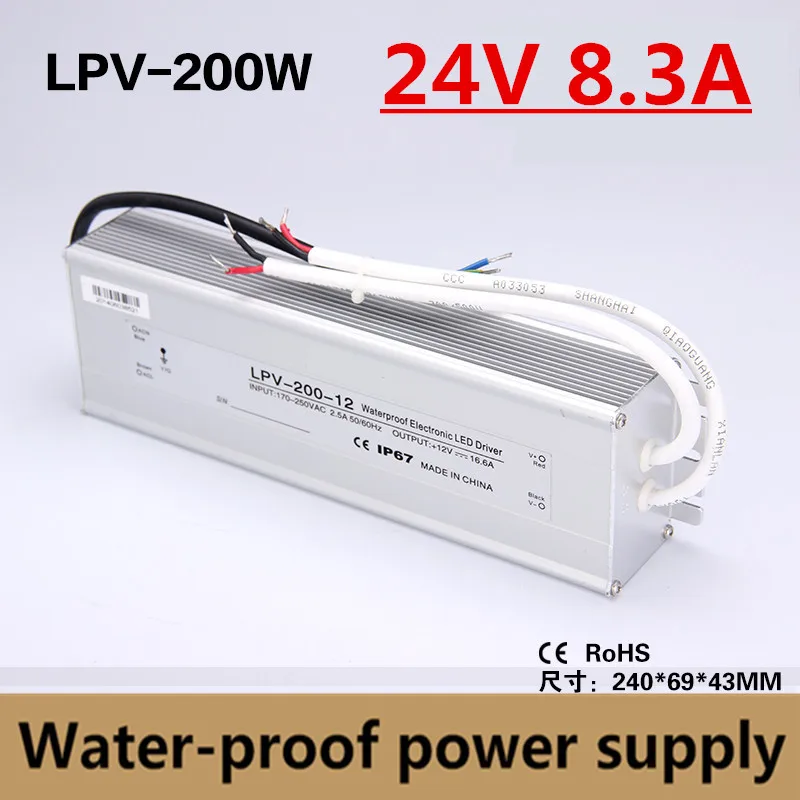 IP67 200W 24V 8.3A Waterproof LED Driver outdoor use for led strip power supply Lighting Transformer 220v/24v constant voltage