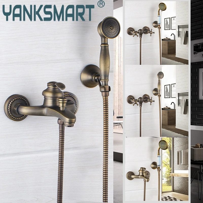 

YANKSMART Wall Mounted Shower Faucet Antique Brass Shower Set Hand Shower Head Bathroom shower faucets Single Handle Mixer Sets