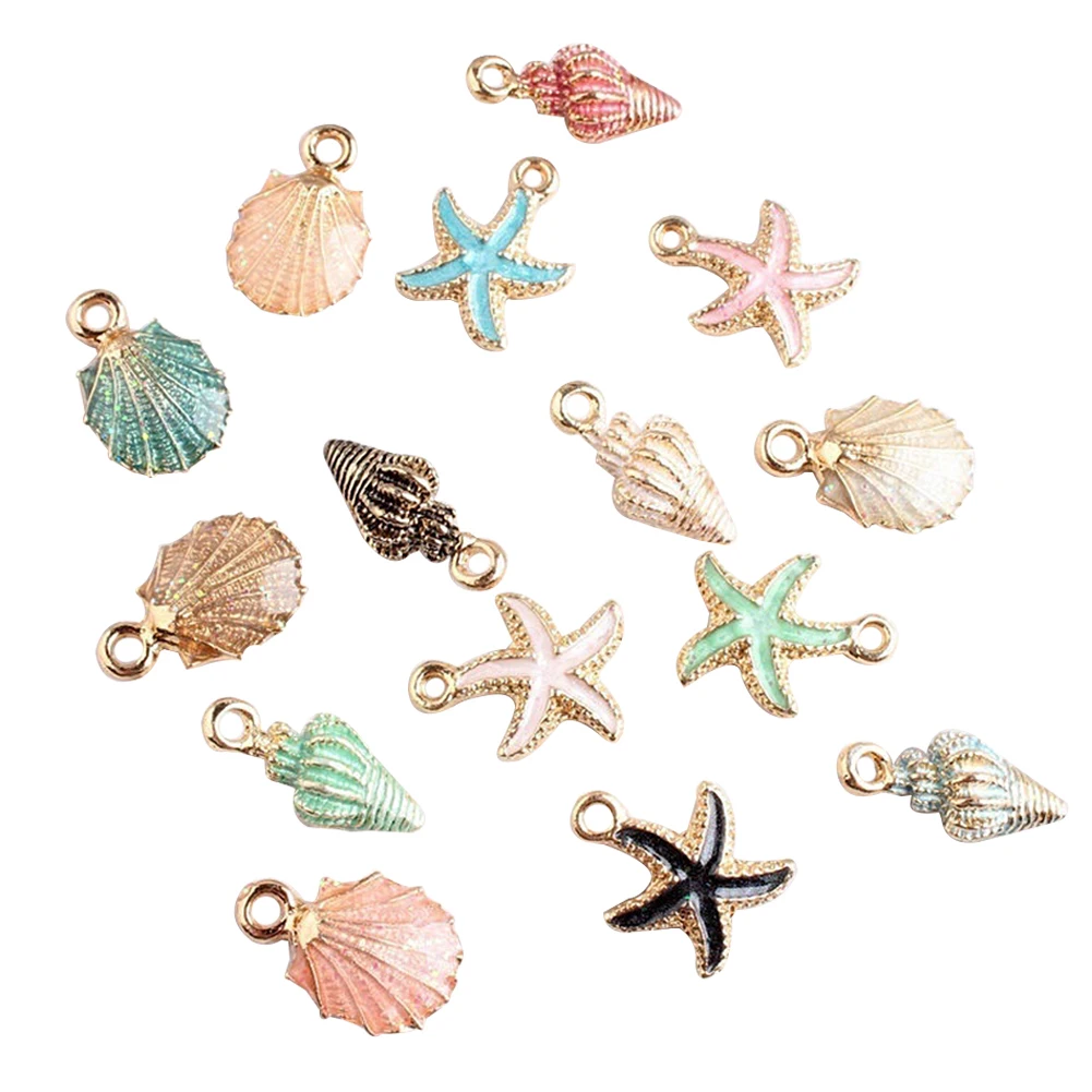 BLUELANS 15 Pcs/Set Colorful Shell Conch Starfish Enamel Charms Shell  Charms for Bracelet Necklace Jewelry DIY Craft Accessory