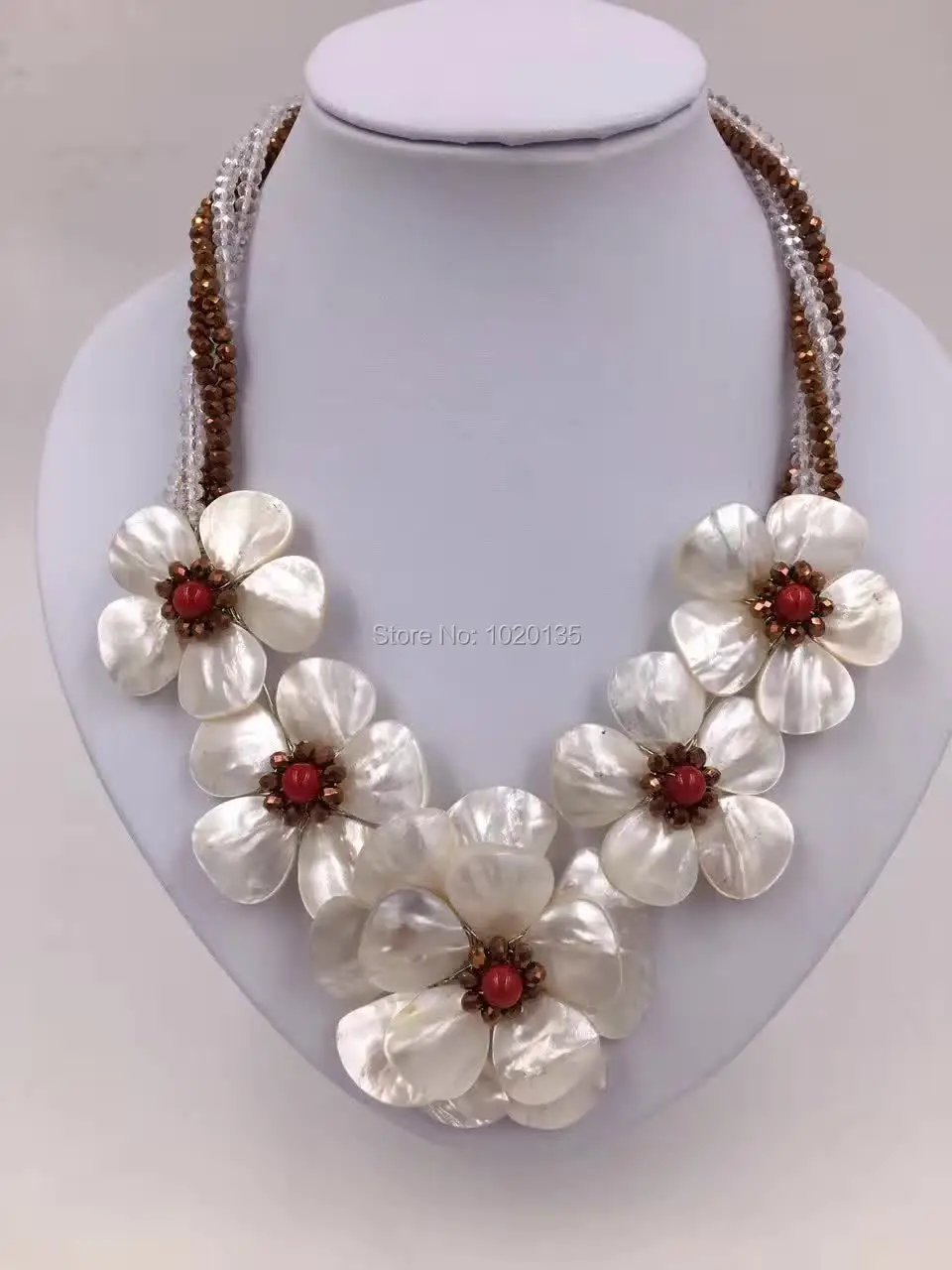 white sea shell flower necklace big fashion  stone faceted 45cm