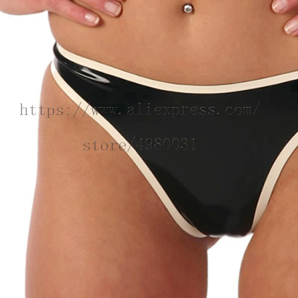 

100% handmade latex T-back women's latex briefs in black with white trim color