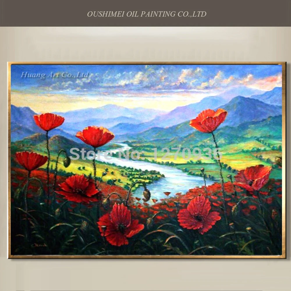 

Low Price but Good Quality Painting Handmade Blue Sky Popy Field River Vally Landscape Oil Painting on Canvas Red Flower Artwork