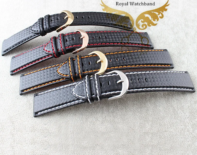 New Arrival!!! 22 Watch Band Waterproof Carbon Fibre Watch Strap with Orange Stitching Leather Lining Stainless Steel Clasp