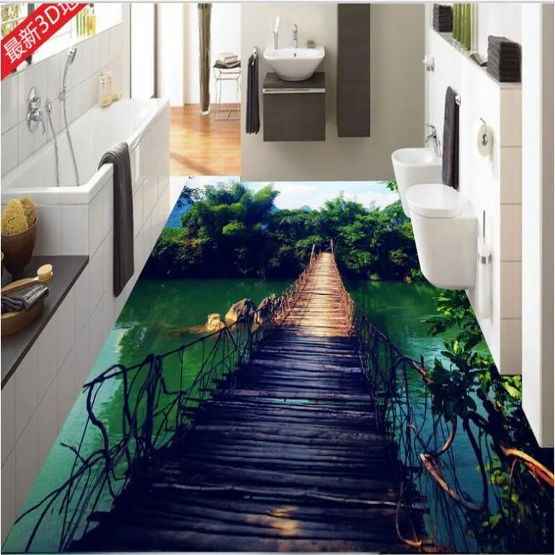 wellyu Custom large-scale mural PVC floor wooden bridge sky landscape 3D three-dimensional floor thick and wear-resistant