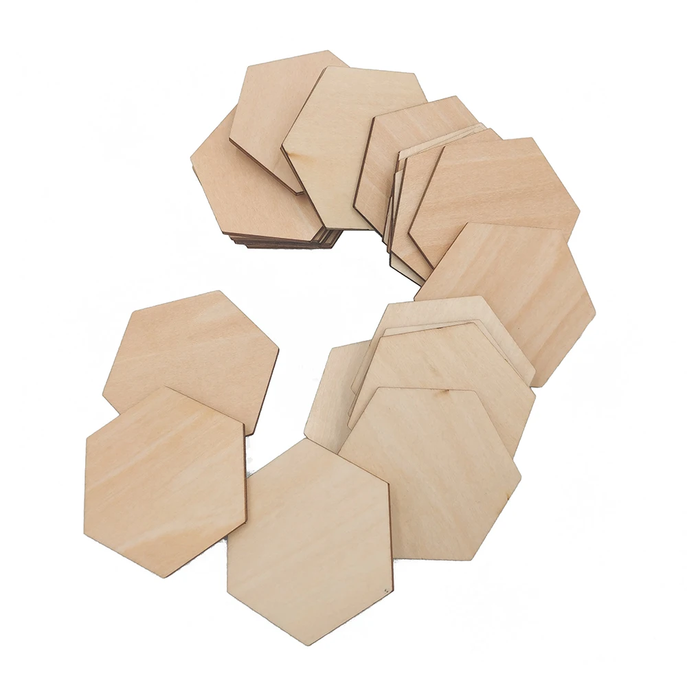 25 sztuk 50mm 1.96 cala uroczy sześciokątny kształt MDF wycinane drewno drewniane ozdoby DIY kształty rękodzielnicze do rzemiosła Scrapbooking