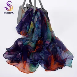 BYSIFA-Lenço longo de seda para senhoras, xale elegante para praia, lenços elegantes, roxo e azul, encobrimentos na moda, nova marca