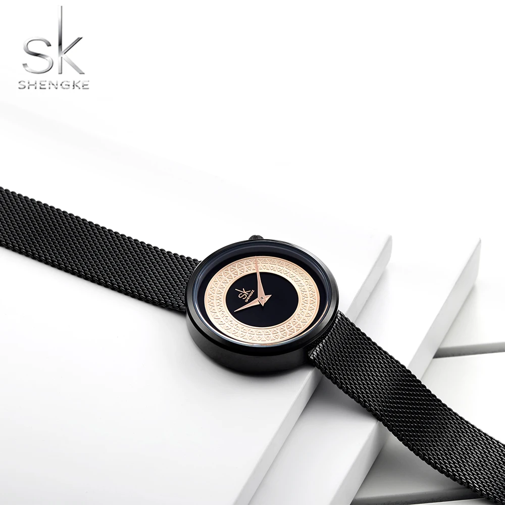 Shengke-Reloj de malla metálica para mujer, accesorio de moda, diseño Vintage, marca de lujo, clásico, Bayan Kol Saati