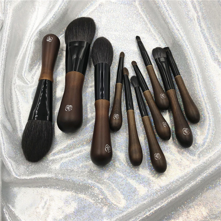 Goat Hair 10Pcs Makeup Brush Set Professional Wood Powder Blush Highlighter Eye Cosmetic Brush Kit with Bag Brochas Maquillaje