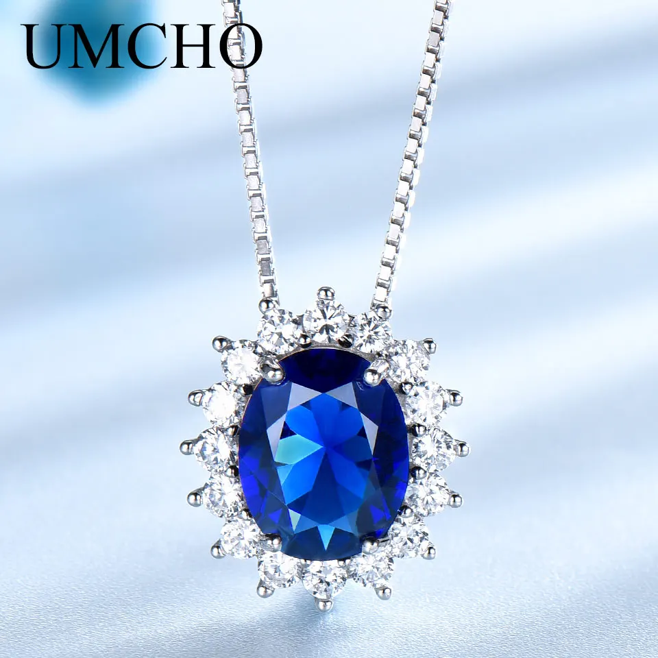 

UMCHO Princess Diana Necklace Pendant 925 Sterling Silver Jewelry Created Sapphire Necklace Wedding For Women Gift Fine Jewelry