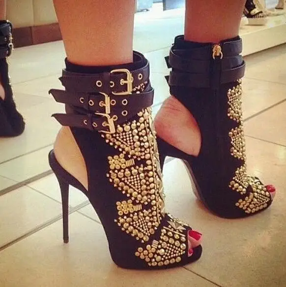 

Hot selling designer gold rivets studded ankle boots 2017 woman sexy peep toe high heel sandal boots buckles strap booties