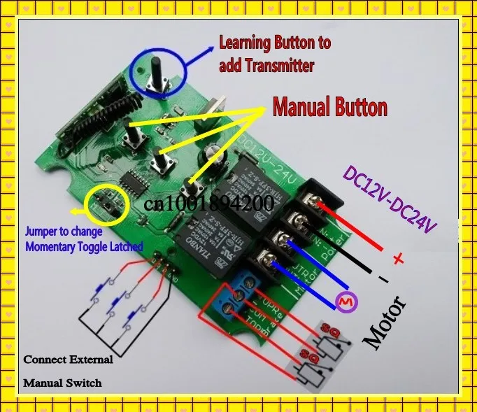 DC Motor Remote Switch Controller 12V 16V 24V 36V Motor Forwards Reverse Up Down Wall Transmitter Manual Button Limited Switch