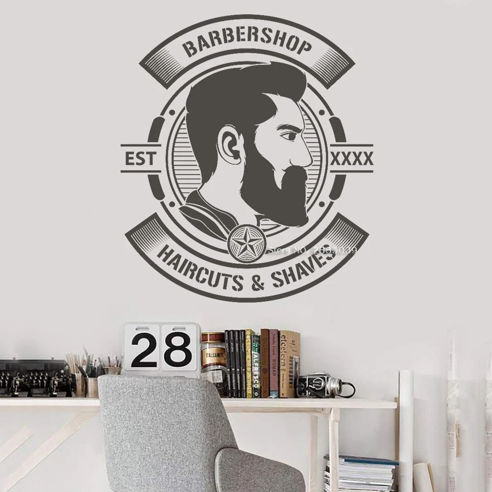 Personalised Years Men Barber Shop Logo Wall Decal Stickers Hairstyle & Shaved Sign Man Salon Haircut Beard Wall Sticker LC1367