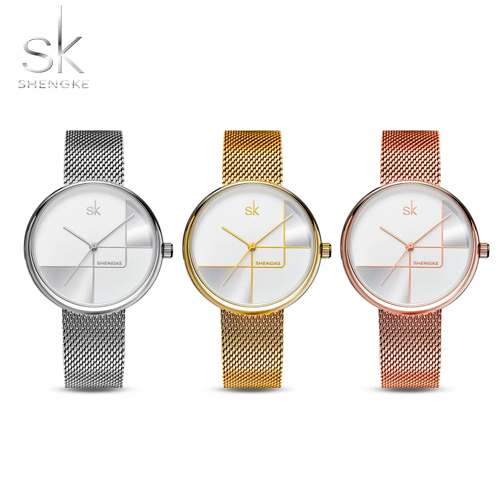 Shengke Stainless Steel Mesh Strap Japan Quartz Movement Waterproof Women Full Rose Gold Ladies Luxury Watch Dropshipping