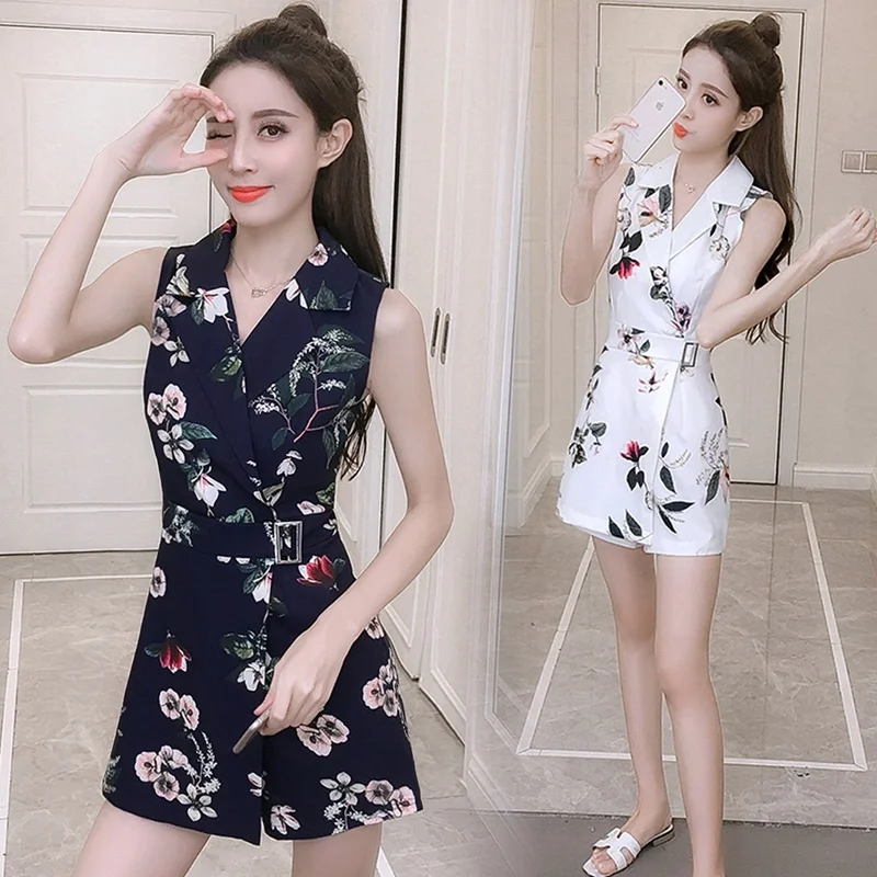 ฤดูร้อนสั้น Jumpsuit 2019 VINTAGE Floral พิมพ์ผู้หญิง Playsuit Lapel เปิดลงคอ Elegant Jumpsuits สำหรับผู้หญิง 2019 DD2086