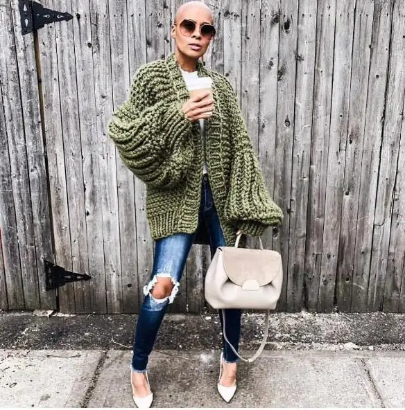 2024 Handmade Thick Knitted Sweater Women Cold Winter Lantern Sleeve Cardigan Female 8 Colors Sweater Warm Coat