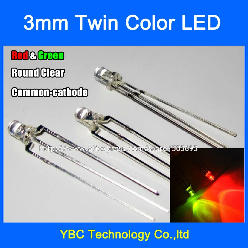 200pcs/lot 3mm Red Green LED Common Cathode Common Anode 3Pin F3 Round  Water Clear Diodes