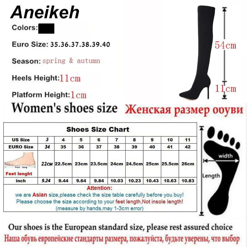 Aneikeh 2024 moda tessuto elasticizzato calzino stivali punta a punta tacco sopra il ginocchio coscia alta donna Boot botas mujer codice scarpa 41 42