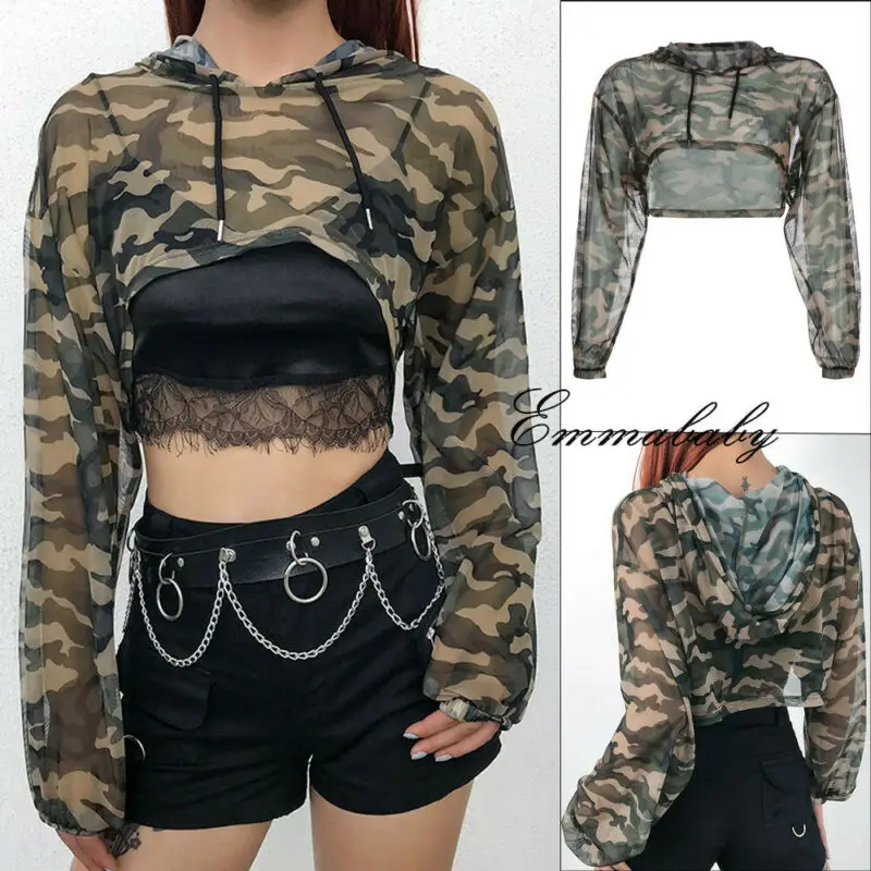 

Women Sexy Camouflage Mesh Perspective Slim Long Sleeve Crop Top Club Wear Party Casual Summer Blouse Tops Beach Womens Blusas