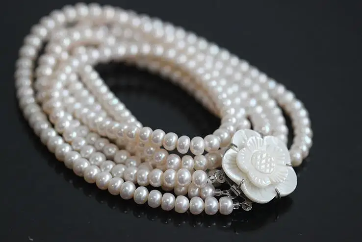 Charming Freshwater Pearl 3Rows Necklace Shell Flower Clasp 8mm 18-22inches Factory Wholesale price Women Gift word Jewelry