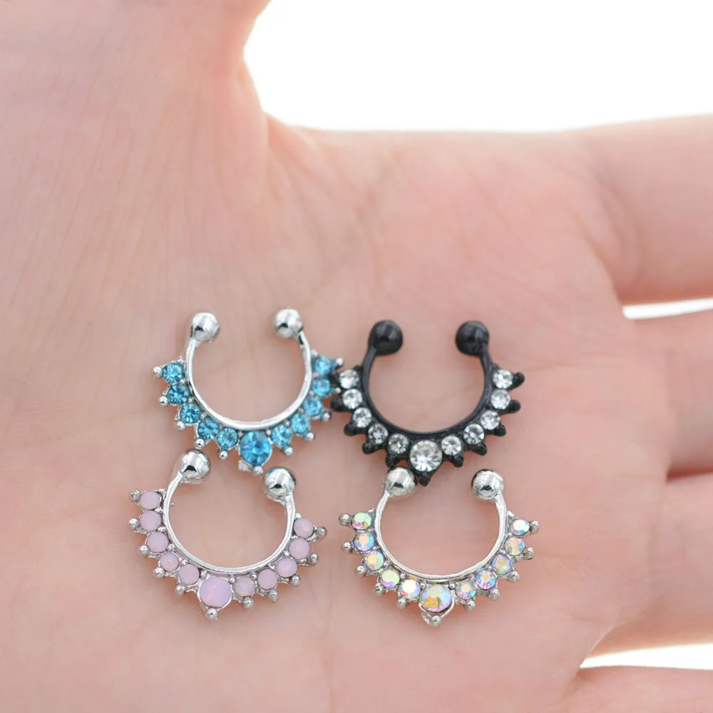 1Pc Crystal Clicker Fake Septum For Women Body Clip Hoop Vintage Muticolor Fake Nose Ring Faux Piercing Body Jewellery