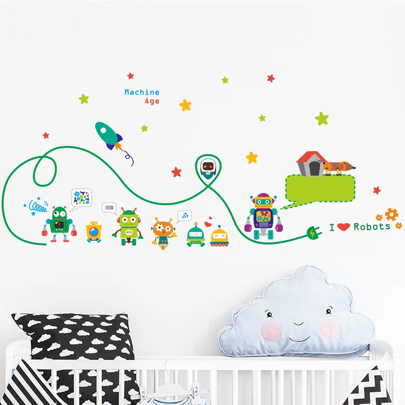 outspace robots rocket wall stickers for kids room nursery decor diy art decals bedroom decoration birthday gift