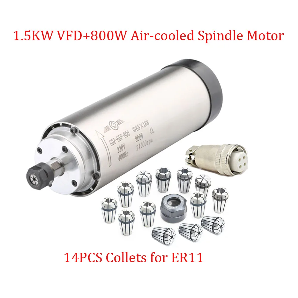 Moteur de broche à grande vitesse, 220 kw, 5a, 65x188mm, 0,33 nm, 400HZ, 24000 tr/min, ER11 + VFD + 14 pinces pour gravure sur bois