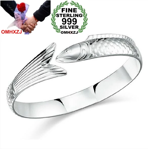 OMH Wholesale geometric fashion single fish woman kpop star Fine 999 Sterling Silver opening bracelet Bangles gift SZ20