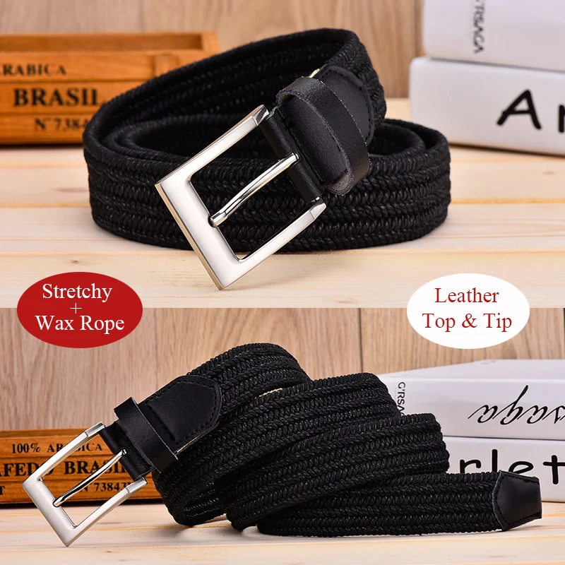 Men Leather Belt For Elastic Rope Wax Canvas Braided Woven Stretch Long Waist Belt 3.5 CM Cowskin Belt Top Tip For Men 95-160 CM