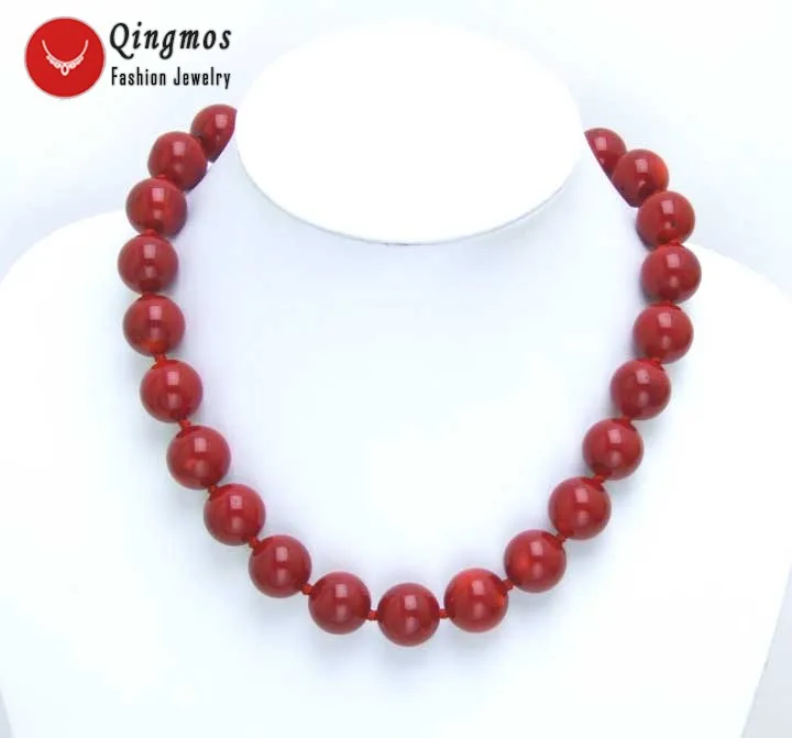 

Qingmos Red Coral Chokers Necklace for Women with 14-15mm High Quality Round Natural Pink Coral 18" Necklace Fine Jewelry-ne5497