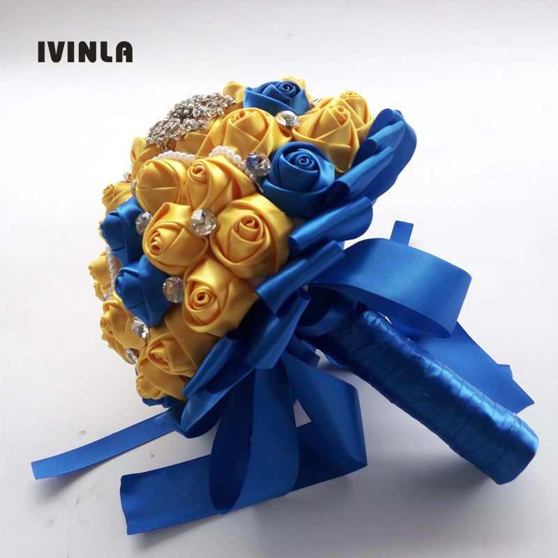 Hot selling gold yellow and blue crystal bridal wedding bouquets for wedding decoration