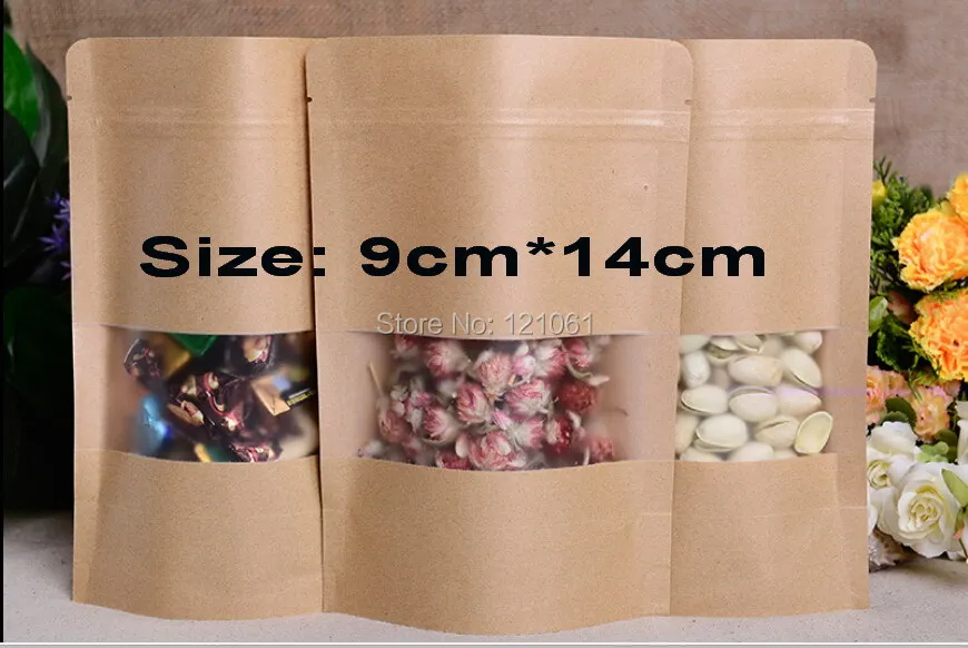 9*14cm,100pcs/lot,Stand-up Kraft Paper Bag with Window ,Kraft Zipper Paper Bag,Kraft Paper Bag