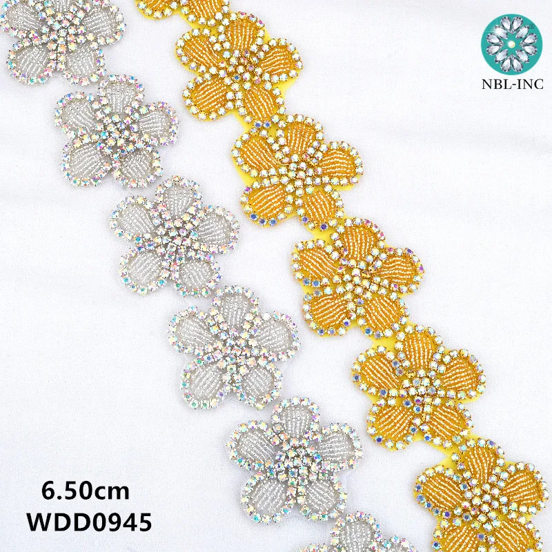 Aplique de diamantes de imitación para vestido de novia, accesorio para vestido de novia, con flores doradas AB, WDD0945, 10 yardas