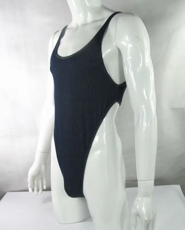 Mens Thong Bodysuit Stretch High Cut deep U Back Denim Knit Spandex G528D