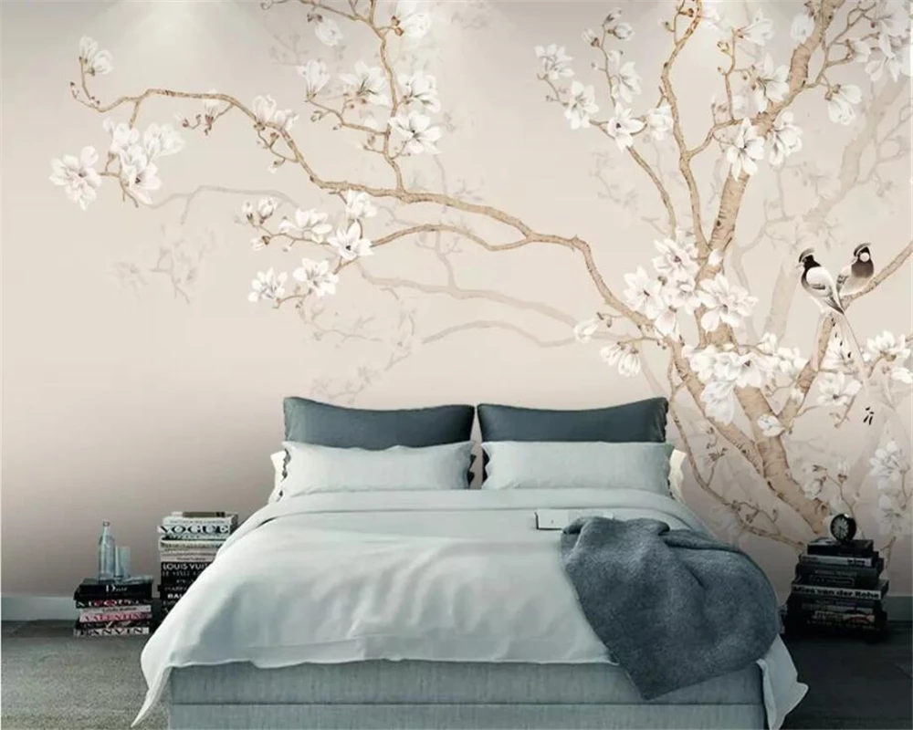 

photo wallpaper plain magnolia Chinese style hand-painted flowers and birds background walls decorative 3d wallpaper