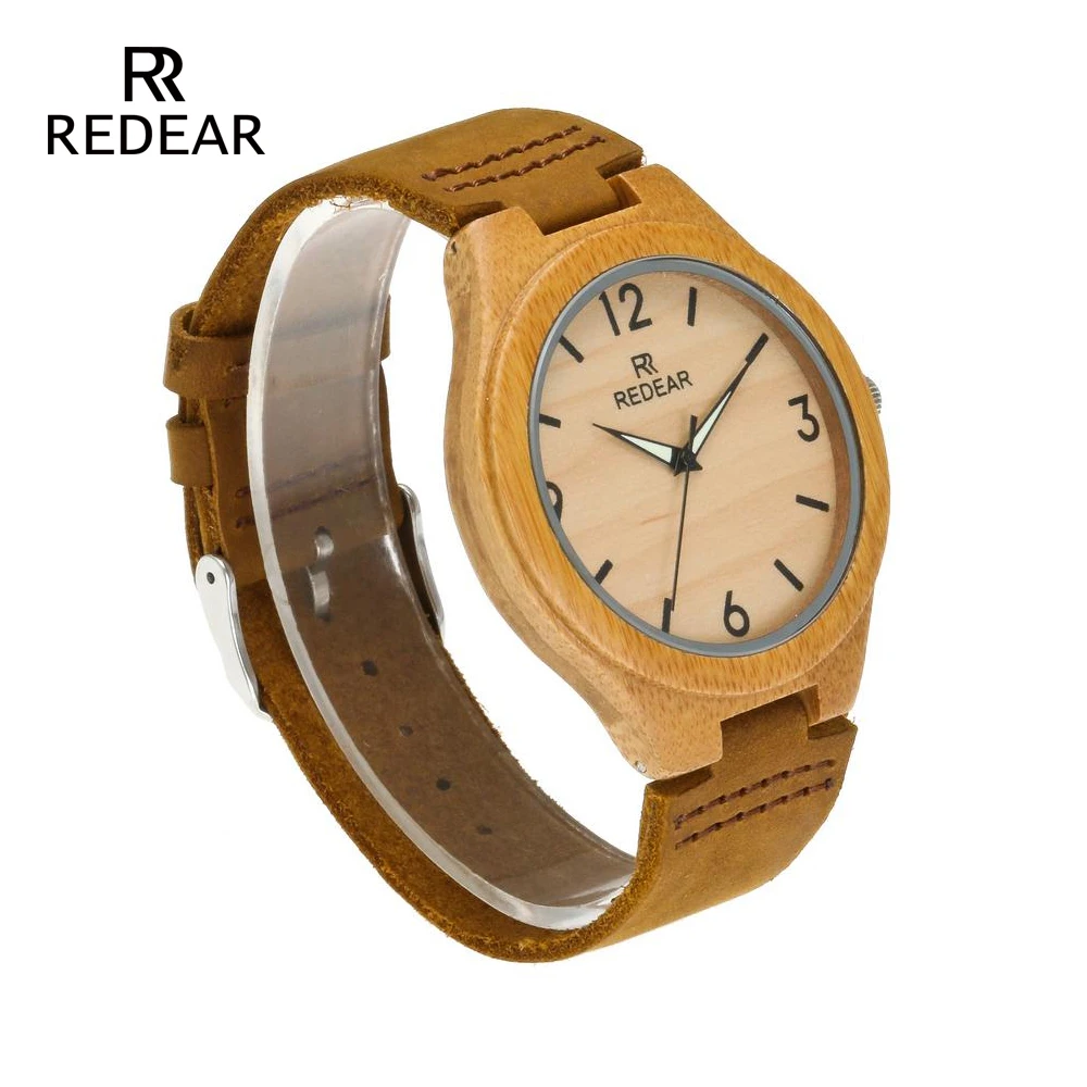 REDEAR amante relojes clásico de madera de bambú de relojes con luz de la noche de puntero de cuero Real para las mujeres Unisex regalo en caja de regalo