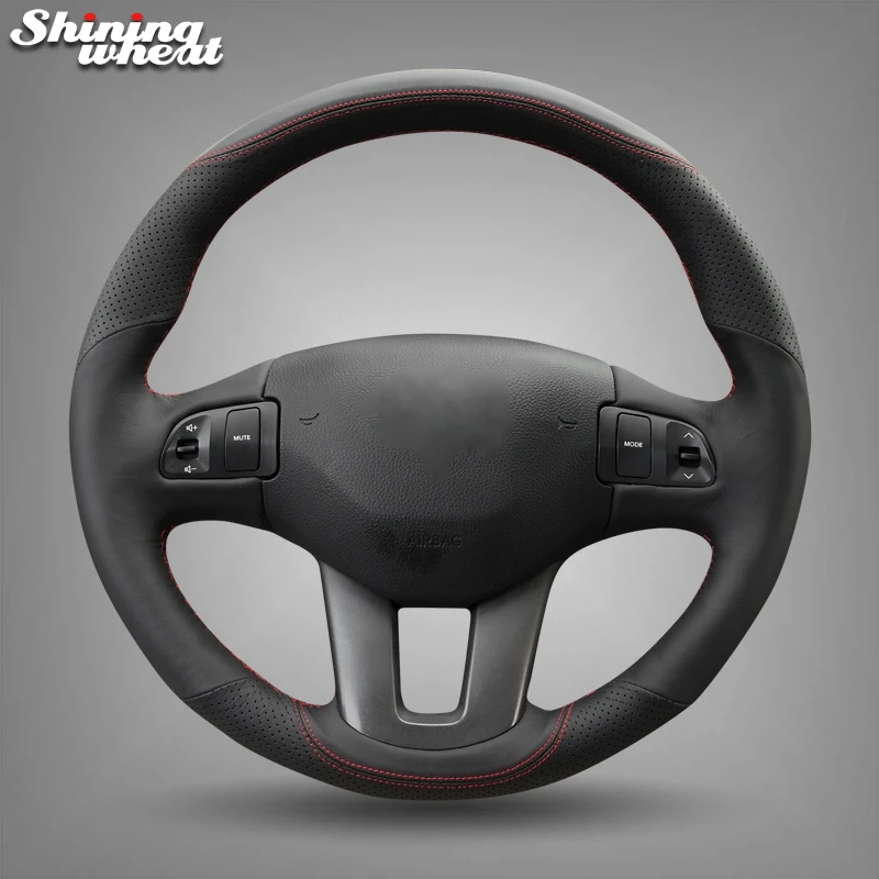 Shining wheat Black Genuine Leather Red Thread Steering Wheel Cover for Kia Sportage Sportage 3 2011-2014 Kia Ceed 2010