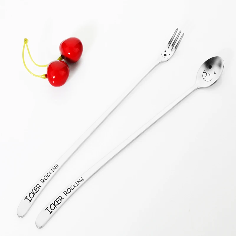 

Stainless Steel Mixing Spoon, Long Handle Fruit Fork, Smiling Face Ice Spoon, Bar Restaurant Drinking Tools, Lovely Tableware