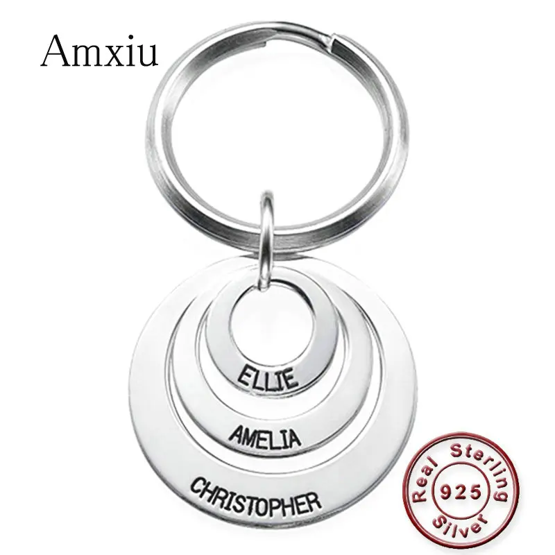 

Amxiu Personalized Circle Pendant Keychain Engrave 1-3 Names Key Chains 925 Silver Jewelry For Men Women Keys Bags Accessories