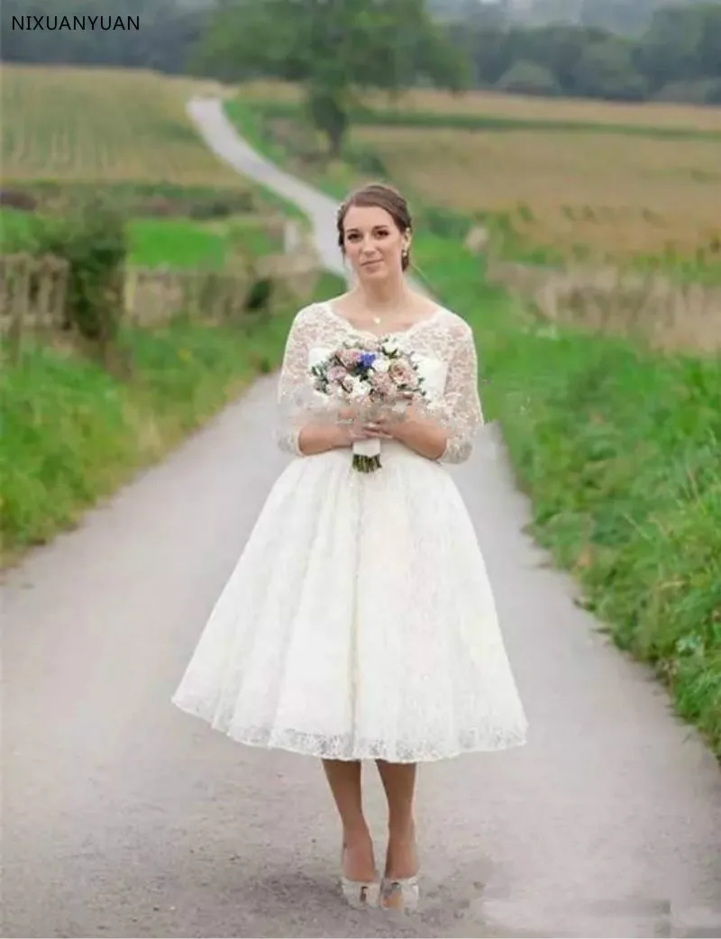 2021 mais tamanho do laço curto vestidos de casamento chá comprimento mangas compridas praia vestido de casamento praia casamento vestidos de noiva cobertos botões