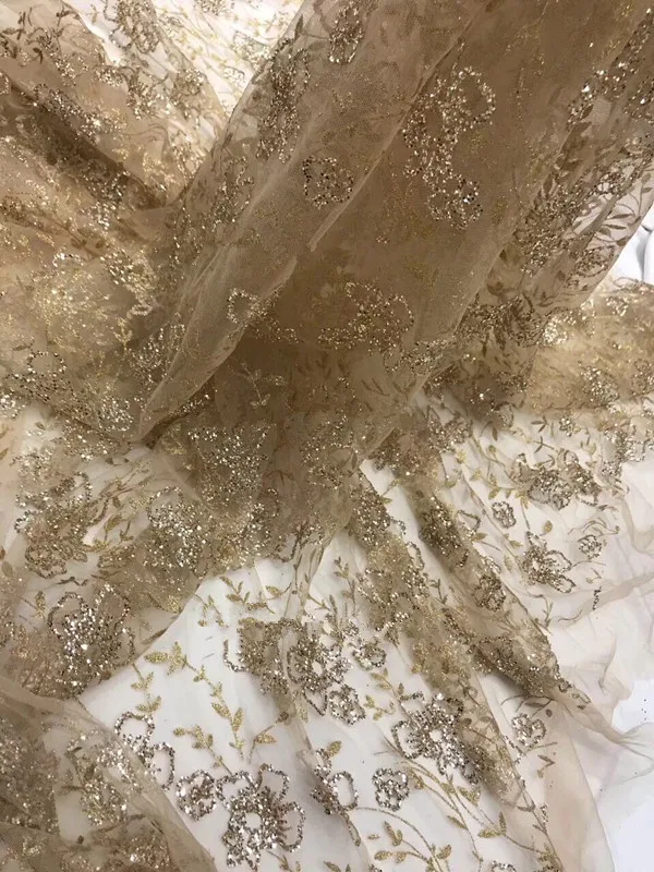 

New arrival african lace fabric S-122810 with gold glued glitter French tulle lace fabric