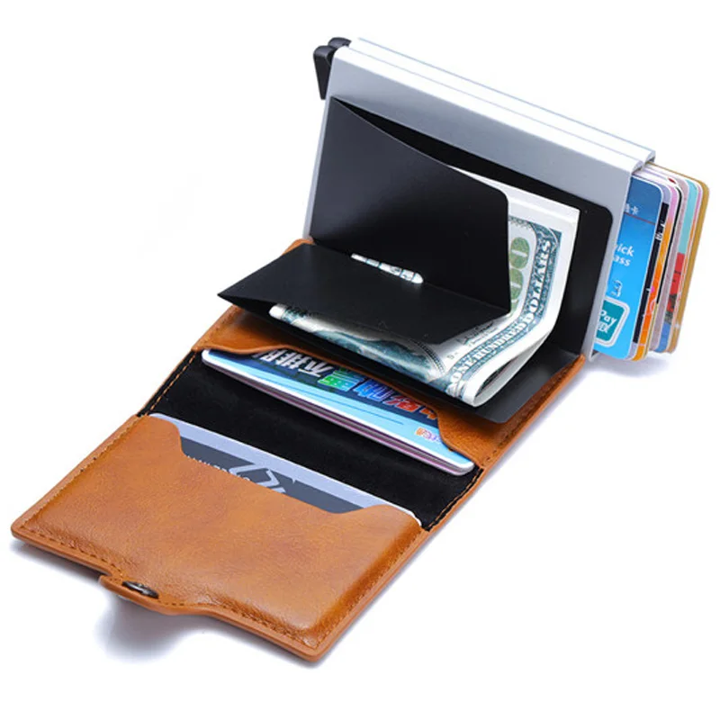 Europe Designer RFID Protection Men\'s Leather Credit Card Holder Double Aluminum Bank Card Protector Case ID Wallet For Man