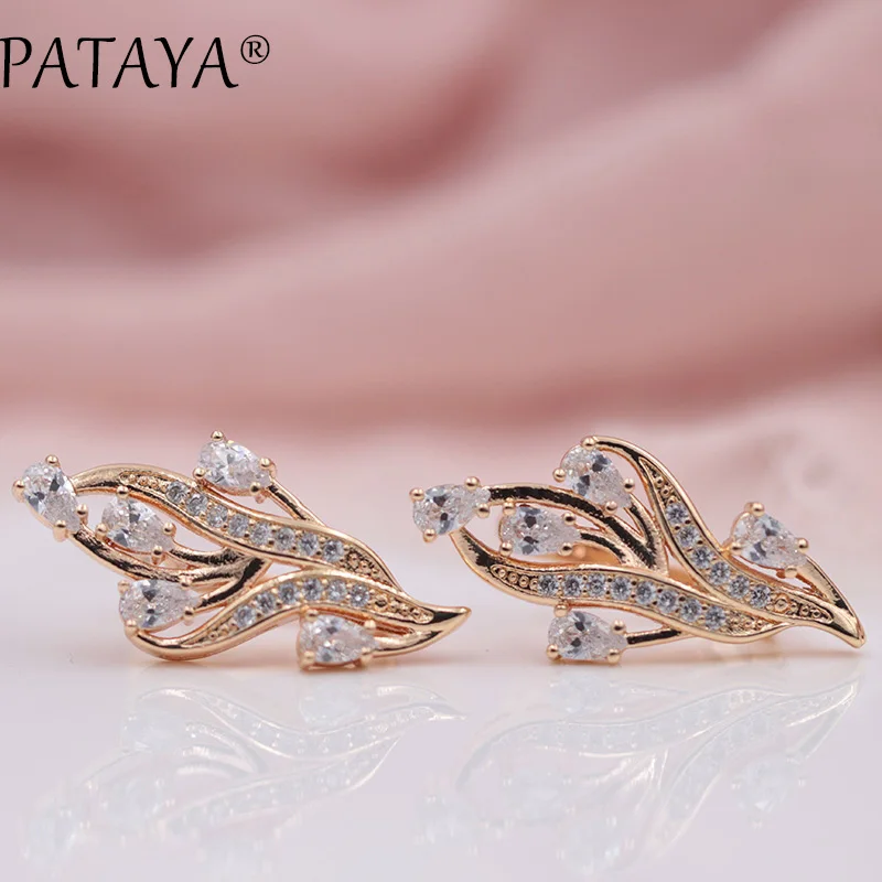 PATAYA New 585 Rose Gold Color Original Design Women Luxury Jewelry White Water Drop Leaf Natural Zircon Big Earrings Rings Sets