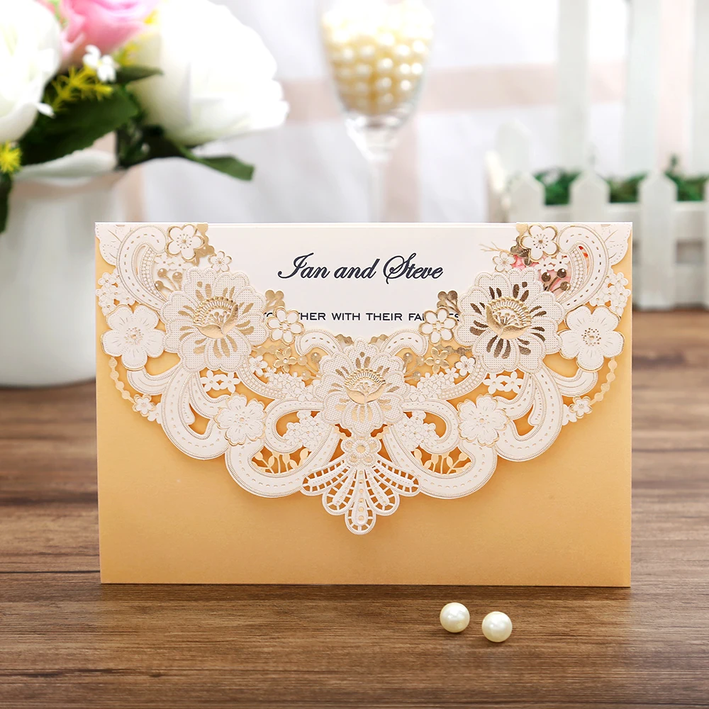 

50pcs New Arrival Horizontal Laser Cut Wedding Invitations with gold Hollow Flora,Customizable,CW17001