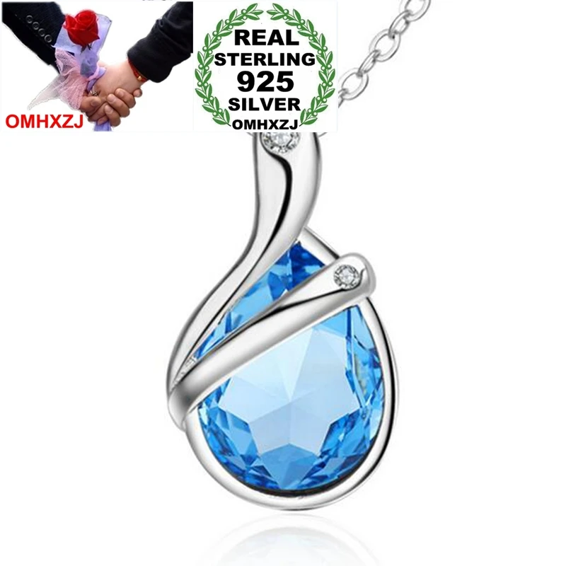 OMHXZJ Wholesale Fashion Ocean Heart Woman Girl Gift Sea Blue Zircon 925 Sterling Silver Pendant Charms PE131 NO Chain Necklace